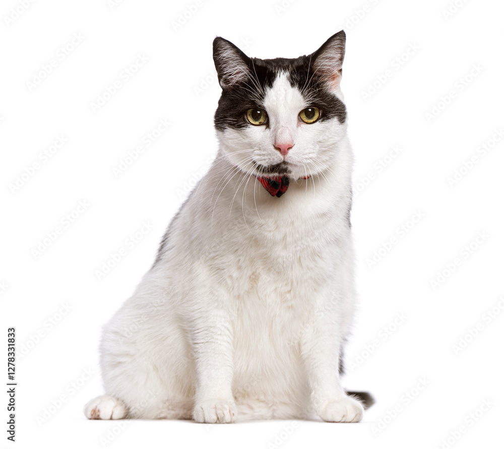 Bicolor cat sitting and wearing a red bow tie collar Bicolor cat sitting and wearing a red bow tie collar