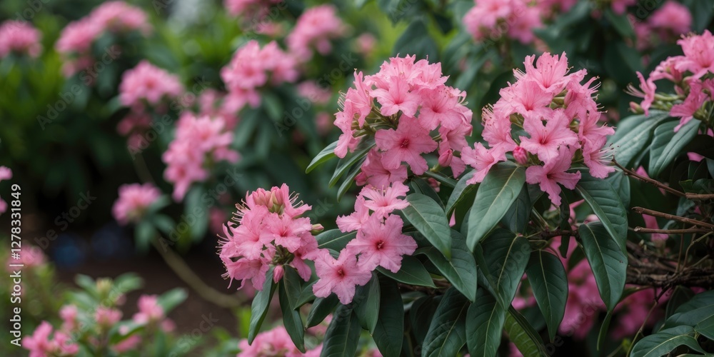 Pink Oleander Flowering Plants with Lush Green Leaves in Garden Setting and Spacious Area for Text Integration Pink Oleander Flowering Plants with Lush Green Leaves in Garden Setting and Spacious Area for Text Integration