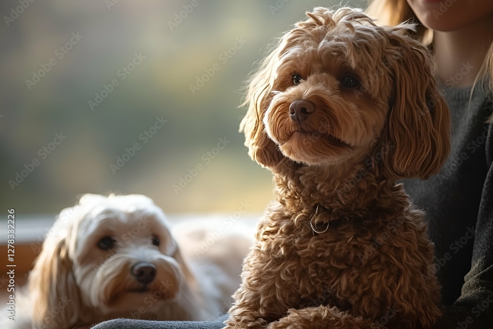 A curly-haired dog sits on the owner's lap while another dog rests near the window in a cozy atmosphere
A curly-haired dog sits on the owner's lap while another dog rests near the window in a cozy atmosphere
