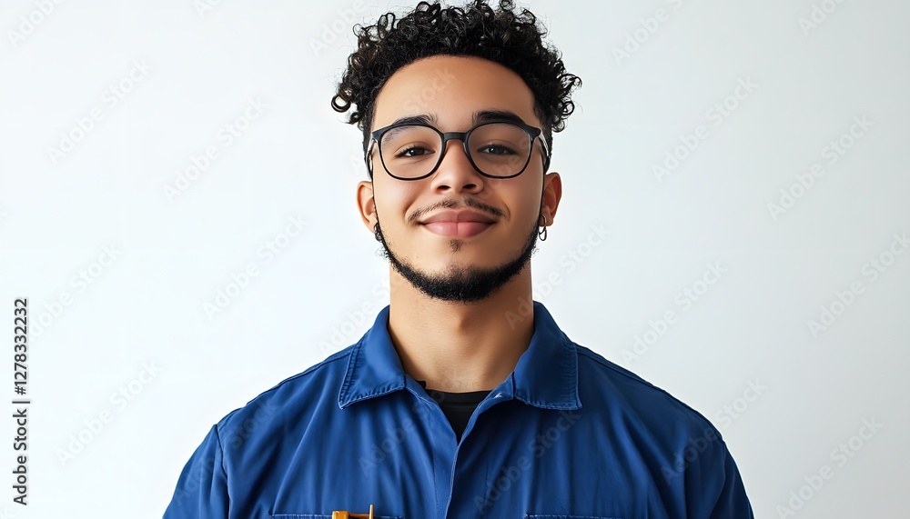 Fototapeta premium Portrait of a smiling worker in blue uniform shirt