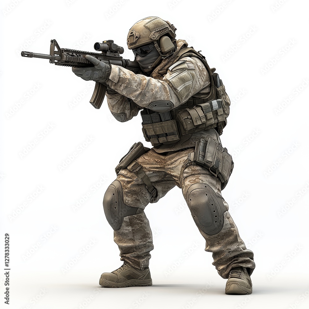 Special Forces Unit Holding Gun in 3D Style with Tactical Gear Special Forces Unit Holding Gun in 3D Style with Tactical Gear
