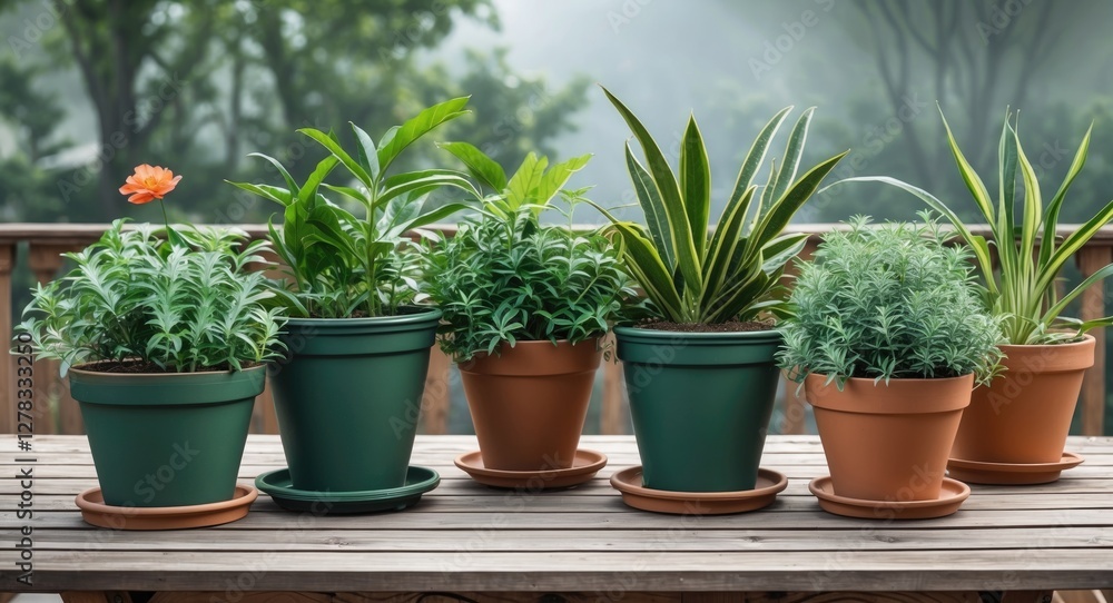 Fototapeta premium Potted Green Plants on Wooden Patio Table Surrounded by Nature with Space for Text or Branding
