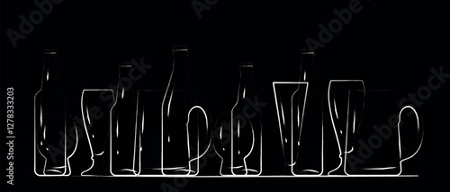 Poster for pub, bar, vector outline hand drawn on black background. Set of alcoholic drinks and glasses of different sizes, design in brush drawing style, grunge