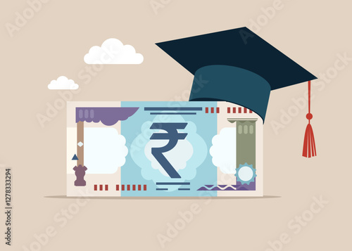 Indian rupee banknote wearing academic graduation mortarboard hat. Payment for education. Tuition fees, scholarship. MBA. Vector illustration