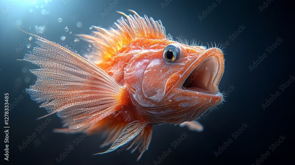 Fototapeta premium Marvel at the Mysterious Deep Sea Anglerfish with Its Wide Mouth Open Revealing Bioluminescent Lures