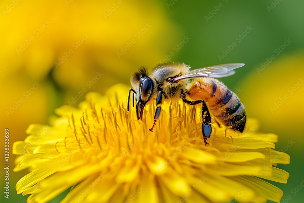 Bee pollinating dandelion, meadow background (1) Bee pollinating dandelion, meadow background (1)