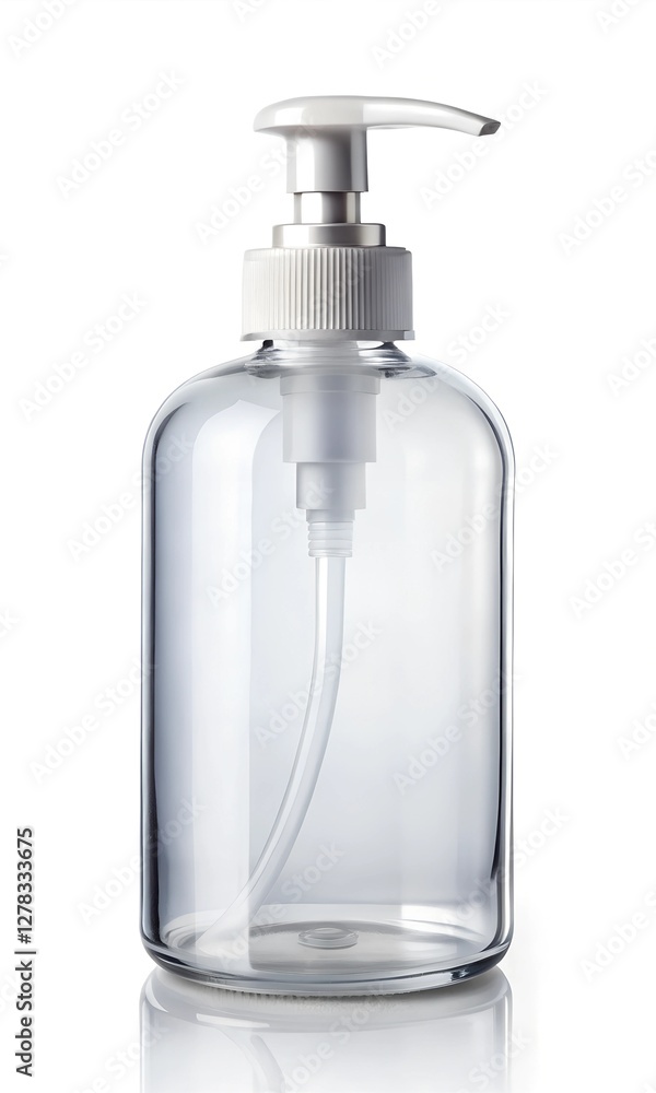cosmetic transparent bottles isolated on white background with disc top cap, flip cap, lotion pump and spray pump cosmetic transparent bottles isolated on white background with disc top cap, flip cap, lotion pump and spray pump