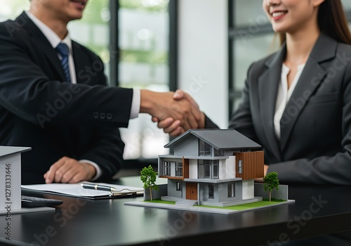 Real Estate Deal Closing with Handshake Over House Model