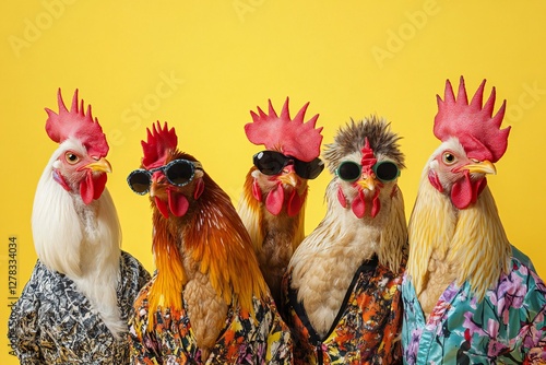 Wallpaper Mural a group of chickens in a 80s jumpsuit wearing having a mullet. concept isolated on yellow background Torontodigital.ca
