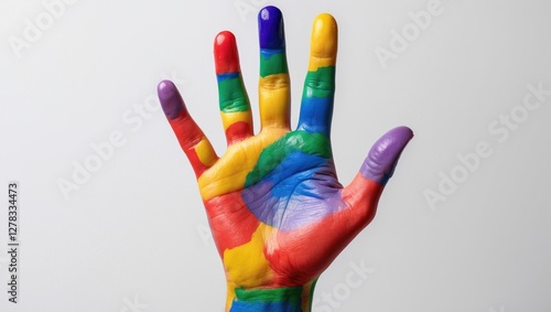 Colorful Painted Hand Symbolizing Diversity and Inclusion on a White Background