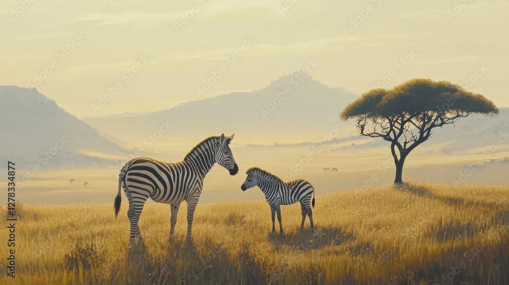 Naklejka premium Serene Landscape with Zebras Grazing Under a Golden Sky