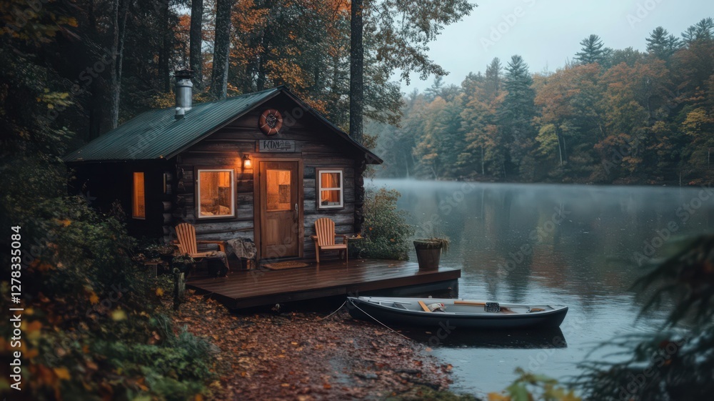 Fototapeta premium Cozy Log Cabin by Lake at Twilight with Autumn Trees and Mist in Forest