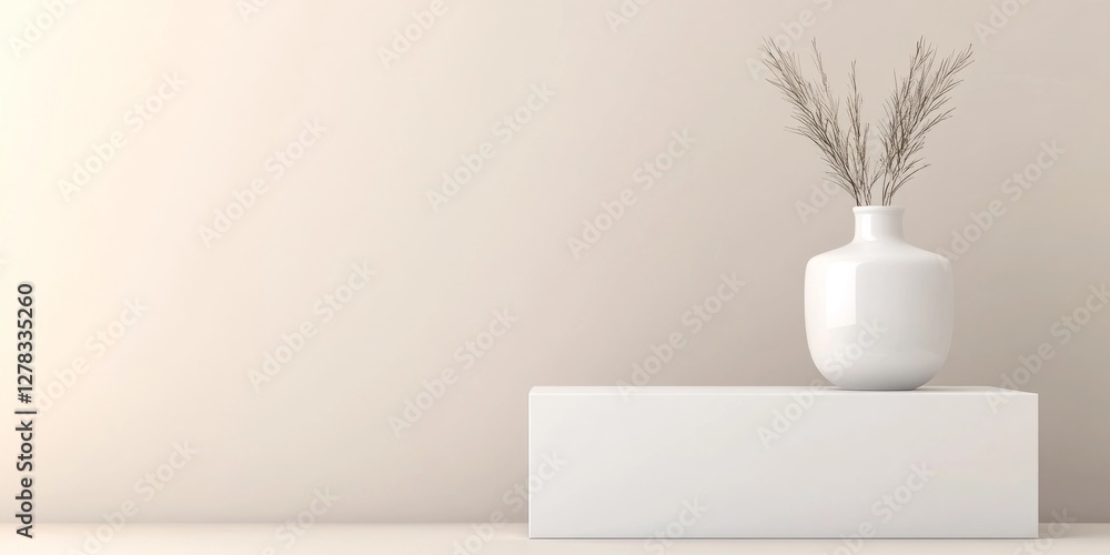A white vase filled with dried grass stands on a sleek white pedestal against a smooth, light background, creating a serene and modern atmosphere A white vase filled with dried grass stands on a sleek white pedestal against a smooth, light background, creating a serene and modern atmosphere