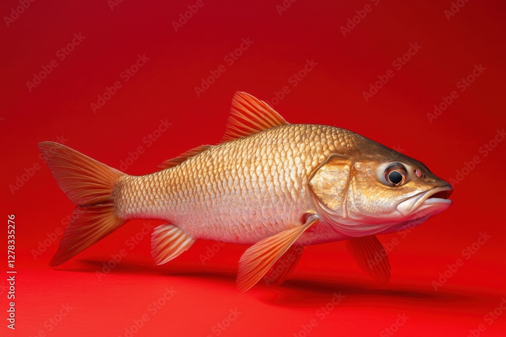 Golden fish resting on a bold red colored surface Golden fish resting on a bold red colored surface
