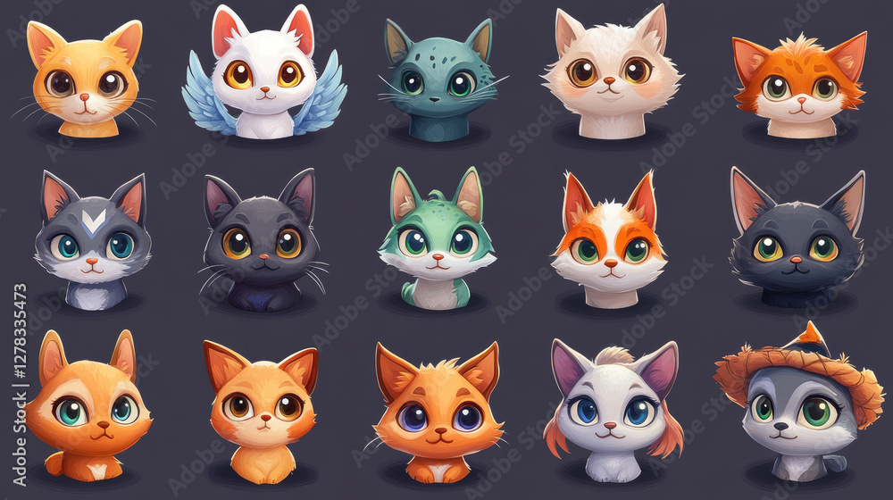 Obraz premium Round animal character game avatars design. Set of cute borders with fantasy cat tail, fox ears, frog eyes, magic pony crown, angel wings, witch hat and broomstick decor. Cartoon vector illustration