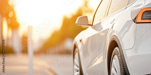 Fototapeta Naklejka Na Ścianę i Meble -  A sleek electric vehicle is parked on a city street at golden hour, with warm sunlight highlighting its design against a blurred background of urban scenery