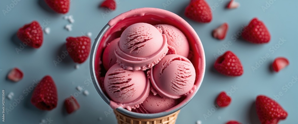 Fototapeta premium Delicious strawberry ice cream scoops in a waffle cone surrounded by fresh strawberries on a light blue background