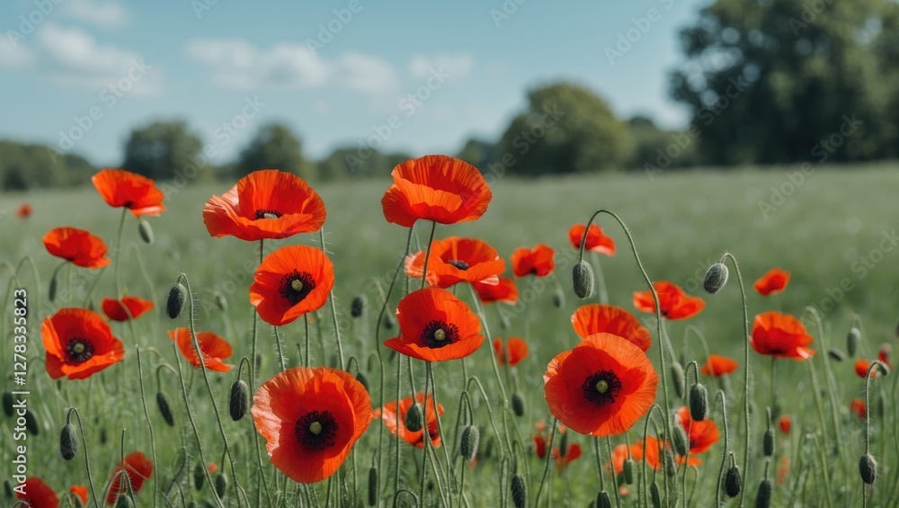 Fototapeta premium Vibrant Red Poppies Blooming in a Sunny Summer Field with Clear Blue Sky and Ample Space for Text or Design Elements.
