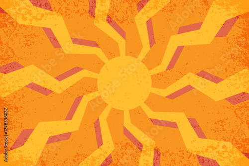 Retro sun background with pattern of groovy rays. Abstract wavy sunshine. Vector summer poster with vintage texture. 70s trippy funky illustration.