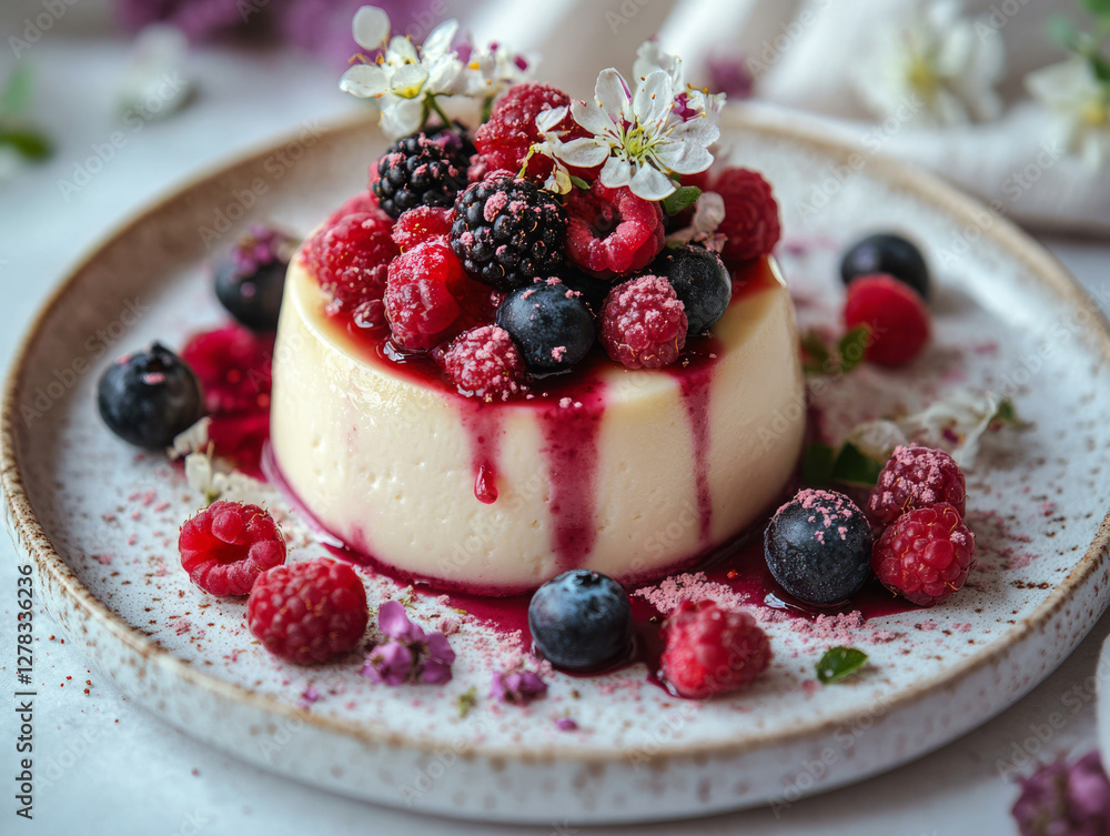Delicate Panna Cotta Topped with Fresh Mixed Berries and Berry Sauce - Gourmet Dessert Photography Delicate Panna Cotta Topped with Fresh Mixed Berries and Berry Sauce - Gourmet Dessert Photography