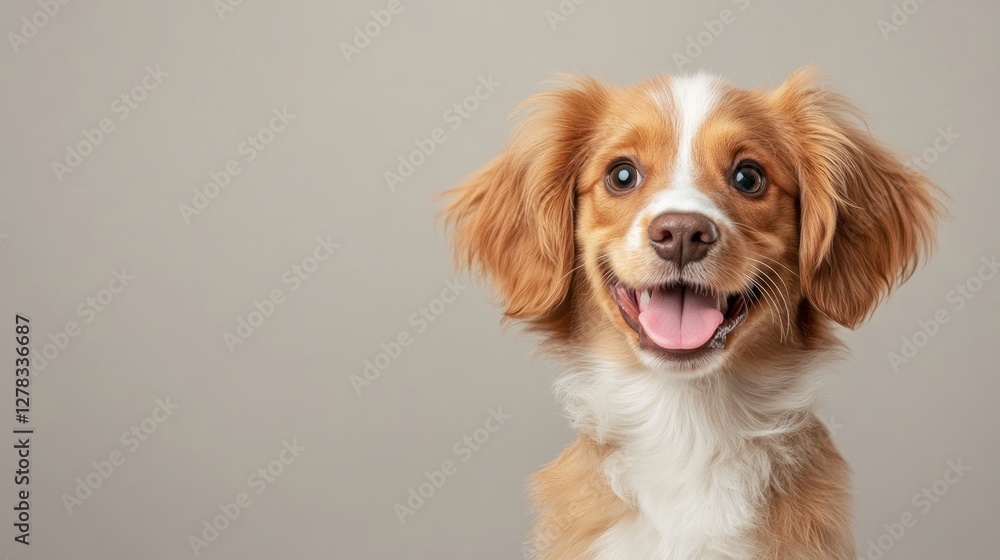 A cheerful dog with wavy, tan and white fur is looking towards the camera, displaying a joyful expression in a studio setting A cheerful dog with wavy, tan and white fur is looking towards the camera, displaying a joyful expression in a studio setting