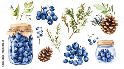 High-Quality Blueberries, Pine Cones, Juniper Berries Watercolor Illustration