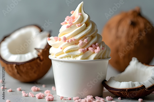 White coconut ice cream in a cup, decorated with coconuts around it, looks delicious photo