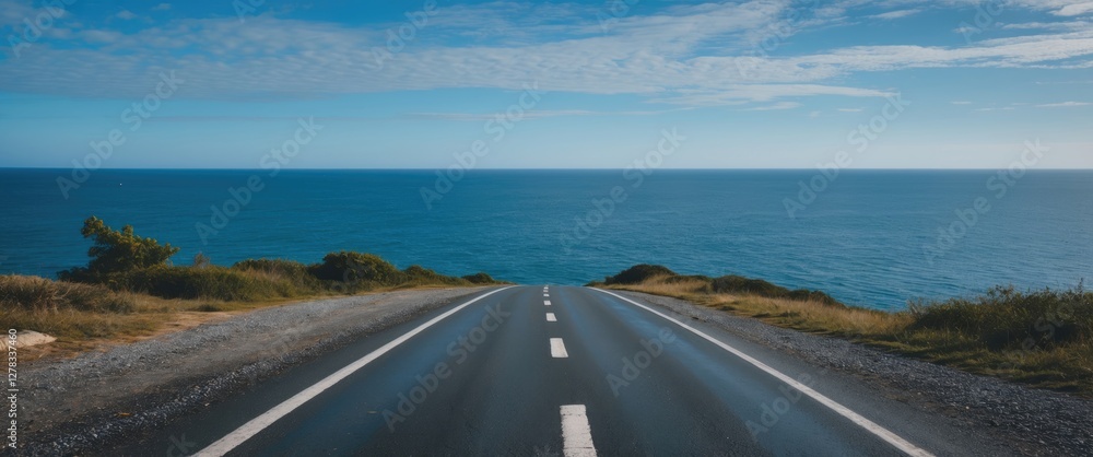 Fototapeta premium Scenic Coastal Road Overlooking Tranquil Blue Ocean Under a Clear Sky