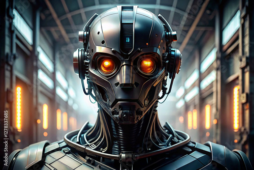 Evil Robot. Cybernetic Robot Head. Futuristic Robot Head