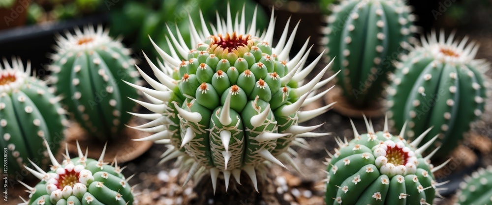 Fototapeta premium Melocactus Salvadorensis Cactus in Spherical Form Showcasing White Thorny Petals with Vibrant Green Body in a Botanical Setting