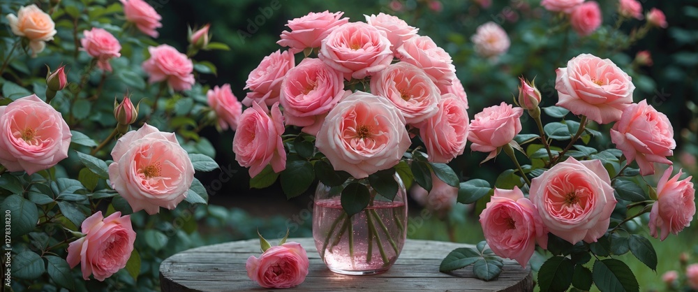Pink Roses Beautiful Garden Arrangement with Soft Petals and Green Leaves in a Glass Vase Pink Roses Beautiful Garden Arrangement with Soft Petals and Green Leaves in a Glass Vase