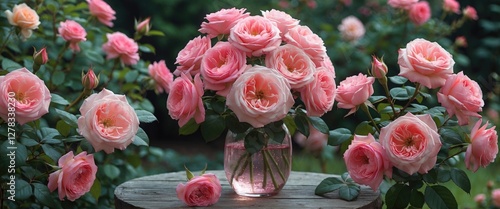 Pink Roses Beautiful Garden Arrangement with Soft Petals and Green Leaves in a Glass Vase