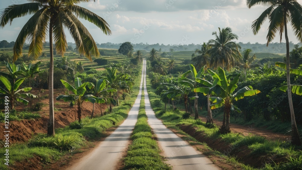 Serene rural landscape featuring a winding road through lush banana plantations under a cloudy sky with space for text overlay. Serene rural landscape featuring a winding road through lush banana plantations under a cloudy sky with space for text overlay.