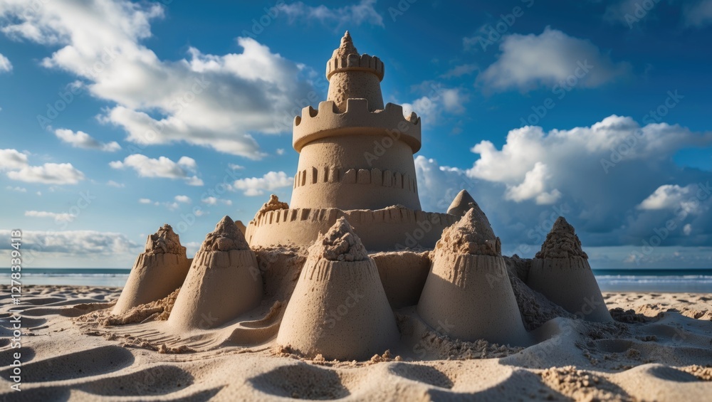 Intricate Sandcastle on Beach Under Clear Blue Sky and Fluffy White Clouds With Calm Ocean in Background Intricate Sandcastle on Beach Under Clear Blue Sky and Fluffy White Clouds With Calm Ocean in Background