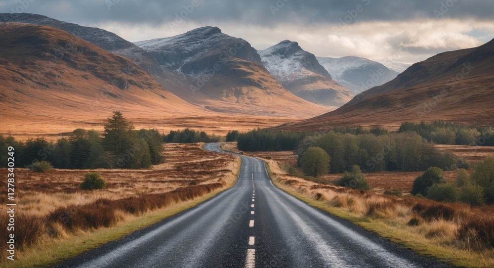 Scenic road winding through the Scottish Highlands with mountains and lush landscapes under a dramatic sky in autumn lighting. Scenic road winding through the Scottish Highlands with mountains and lush landscapes under a dramatic sky in autumn lighting.