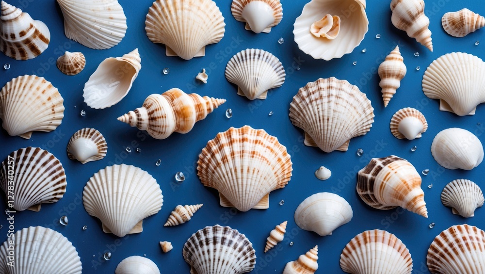 Assorted Sea Shells Displayed on Vibrant Blue Background with Water Droplets and Space for Text or Design Elements Assorted Sea Shells Displayed on Vibrant Blue Background with Water Droplets and Space for Text or Design Elements