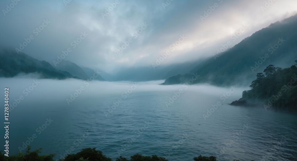 Misty Landscape Over Tranquil Waters Surrounded by Mountains at Dawn Misty Landscape Over Tranquil Waters Surrounded by Mountains at Dawn