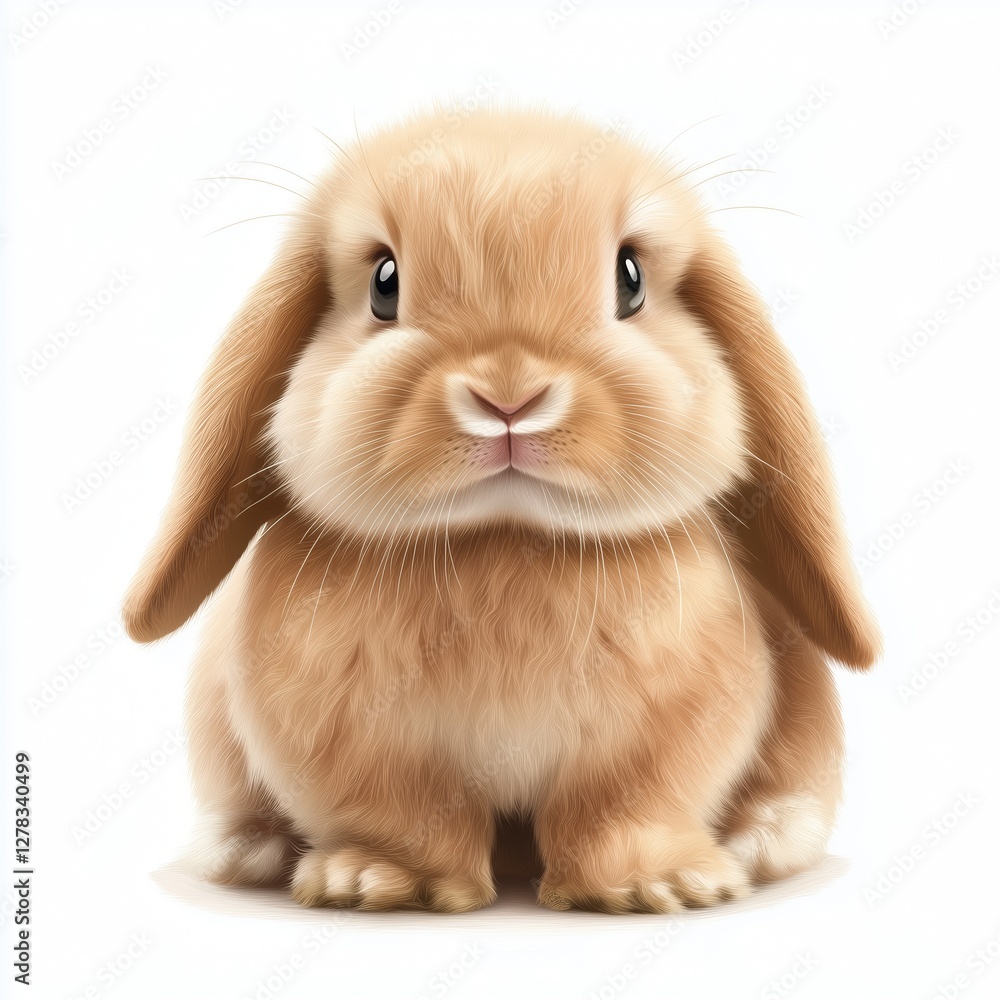 Realistic illustration of a lop-eared rabbit with soft light brown fur, long floppy ears, round black eyes, and a small pink nose on a clean white background Realistic illustration of a lop-eared rabbit with soft light brown fur, long floppy ears, round black eyes, and a small pink nose on a clean white background