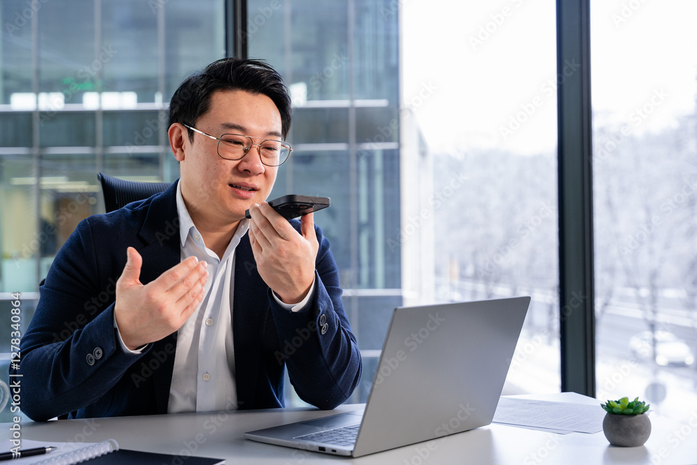 Confident businessman in a modern office engaging in a conversation via smartphone. Dressed in smart business attire, he interacts professionally on a sunny day with an urban cityscape backdrop. Confident businessman in a modern office engaging in a conversation via smartphone. Dressed in smart business attire, he interacts professionally on a sunny day with an urban cityscape backdrop.
