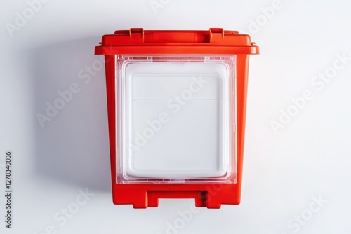 Medical sharps disposal box, isolated on white, high contrast colors, biohazard waste management