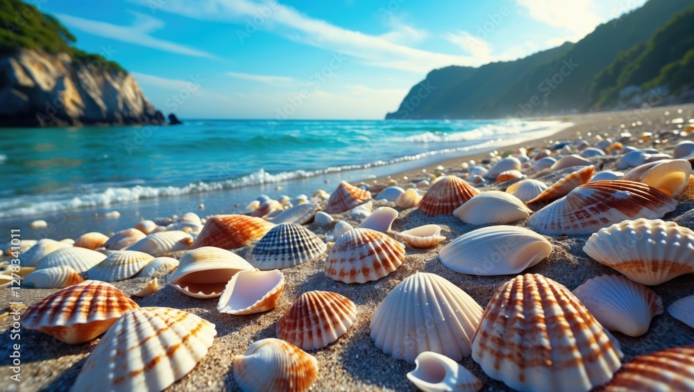 Scenic beach landscape featuring a variety of seashells with vibrant ocean backdrop and ample space for text and design elements. Scenic beach landscape featuring a variety of seashells with vibrant ocean backdrop and ample space for text and design elements.
