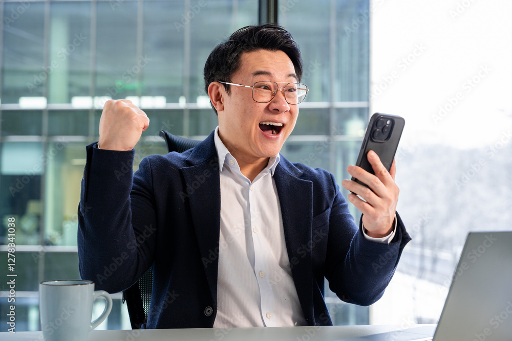 Professional Asian businessman celebrating joyful success while looking at smartphone. Wearing stylish glasses and suit, working in a modern office with a view. Expressing happiness and triumph. Professional Asian businessman celebrating joyful success while looking at smartphone. Wearing stylish glasses and suit, working in a modern office with a view. Expressing happiness and triumph.