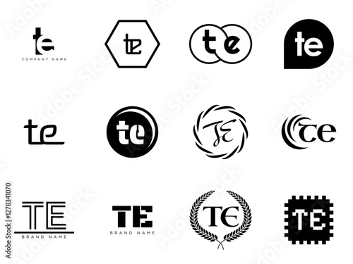 TE logo company template. Letter t and e logotype. Set different classic serif lettering and modern bold text with design elements. Initial font typography.