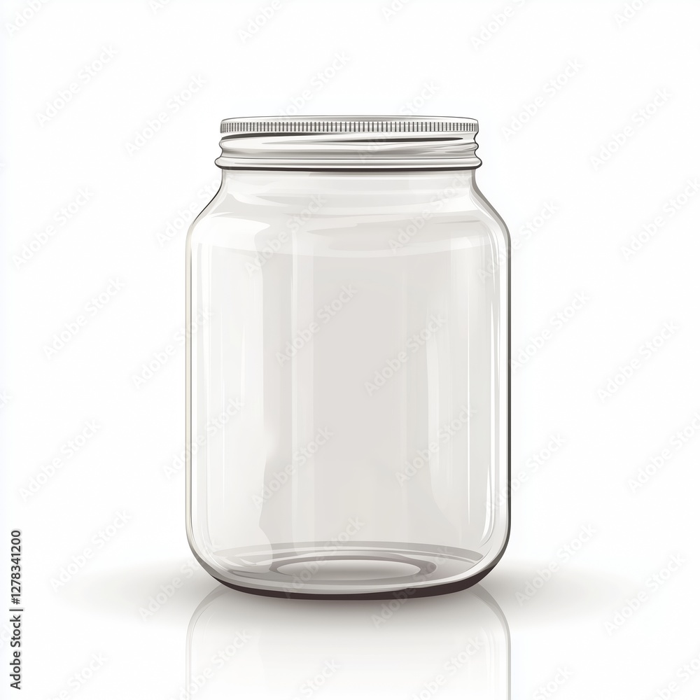 Realistic illustration of an empty transparent glass jar with a simple design, sharp details, and reflections on a clean white background Realistic illustration of an empty transparent glass jar with a simple design, sharp details, and reflections on a clean white background