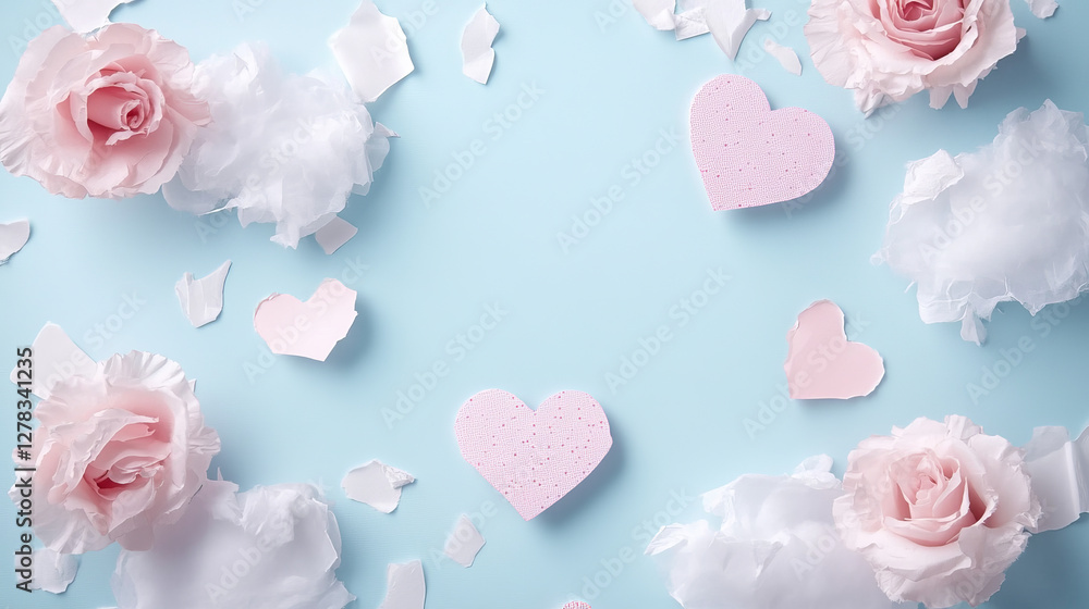 Naklejka premium Romantic pink composition with ripped grid notepaper and dotted sheets. Decorated with blooming roses, white heart shapes and cloud elements. Scattered torn pieces for Valentine or wedding cards.