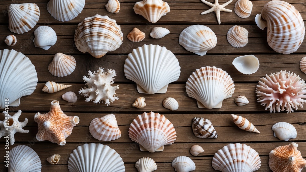 Seashells and corals arranged on wooden planks ideal for beach vacation themes with ample copy space for text or branding. Seashells and corals arranged on wooden planks ideal for beach vacation themes with ample copy space for text or branding.