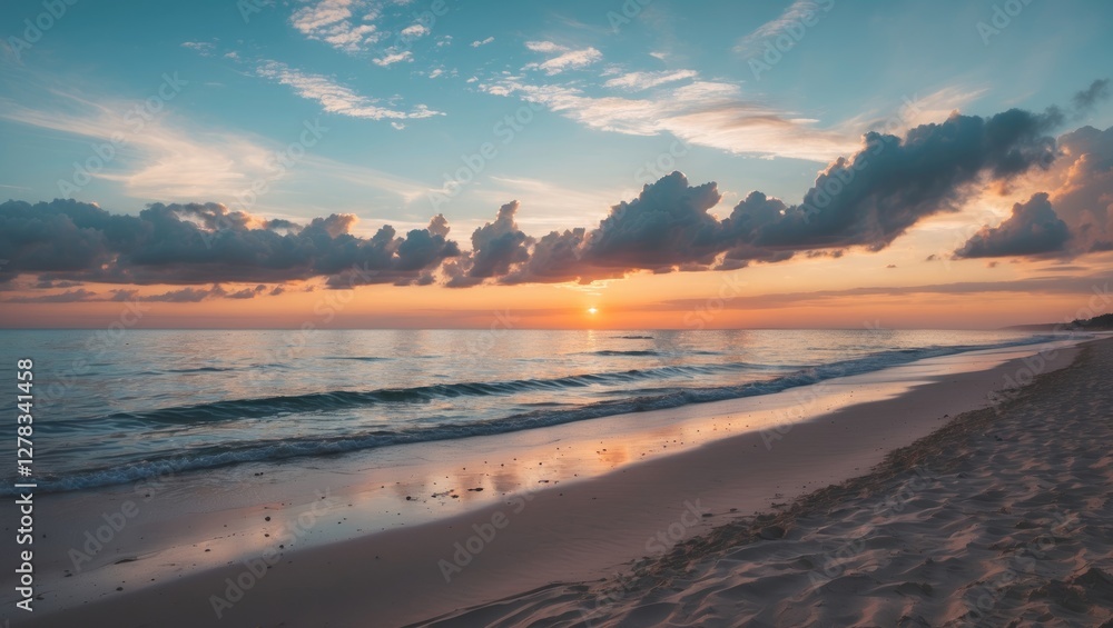 Tranquil seashore at sunset with calm waters and vibrant clouds creating a serene coastal landscape ideal for relaxation and reflection. Tranquil seashore at sunset with calm waters and vibrant clouds creating a serene coastal landscape ideal for relaxation and reflection.