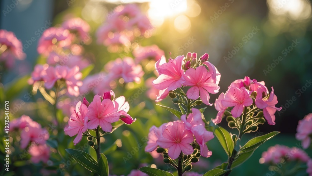 Obraz premium Delicate Pink Ixora Flowers Bathed in Soft Sunlight Creating a Serene Garden Atmosphere