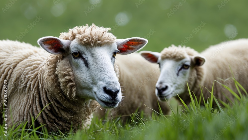 Sheep Grazing on Lush Green Grass with Clear Space for Text in a Natural Farm Setting. Perfect for Agricultural Promotion or Farm Products. Sheep Grazing on Lush Green Grass with Clear Space for Text in a Natural Farm Setting. Perfect for Agricultural Promotion or Farm Products.