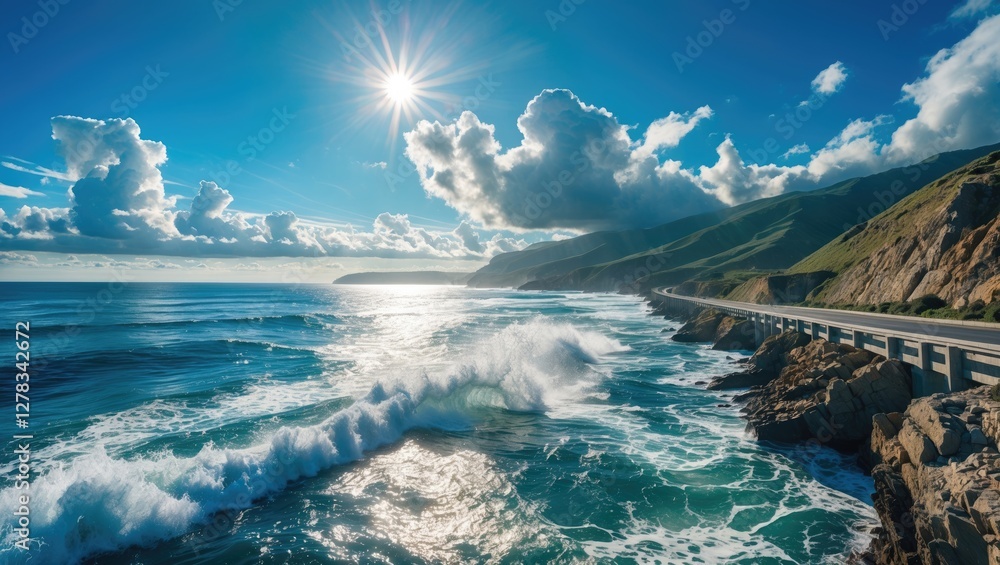 Scenic Coastal View with Shimmering Waves, Blue Skies, and Sunlight Over Rugged Cliffs along Highway 1 Ideal for Travel and Nature Themes Scenic Coastal View with Shimmering Waves, Blue Skies, and Sunlight Over Rugged Cliffs along Highway 1 Ideal for Travel and Nature Themes